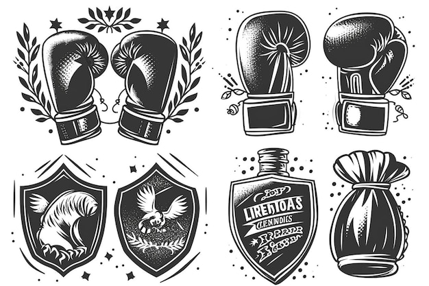 Boxing clubs and competitions monochrome emblems with sportsman gloves punching bags