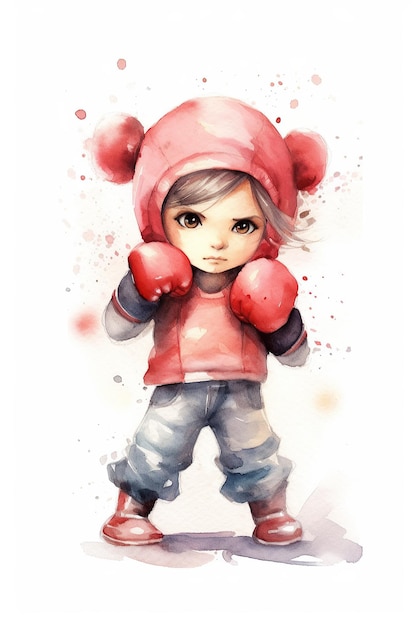 Boxing fighter watercolor clipart cute isolated on white background with Generative AI