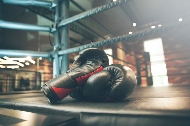 Boxing glove on boxing ring in gym