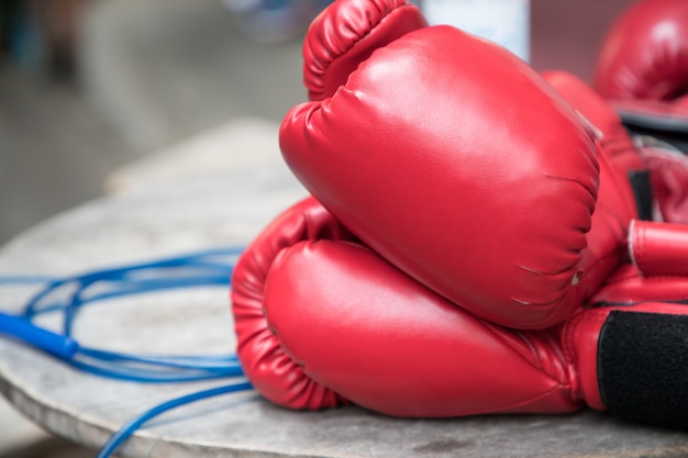 Boxing glove on a wooden surface