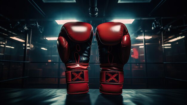 Boxing Gloves Hanging in a Dimly Lit Boxing Gym