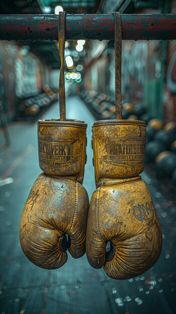 Boxing gloves hanging in a gym