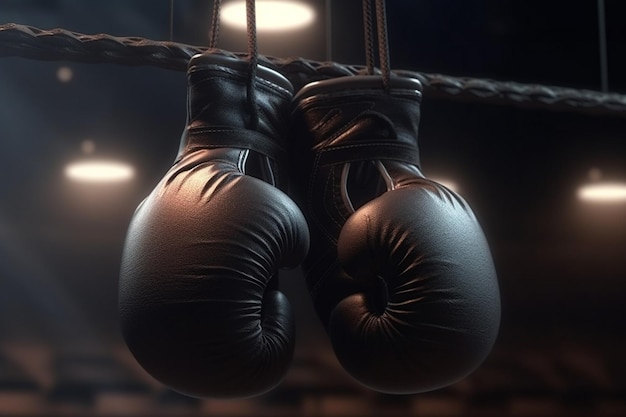 Boxing gloves hanging on a rope with a dark background