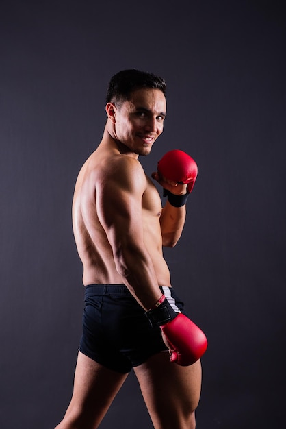 Boxing gloves man training in sports fight challenge or mma competition on studio background