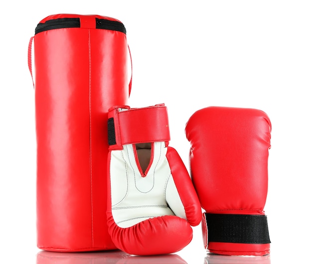 Boxing gloves and punching bag isolated on white