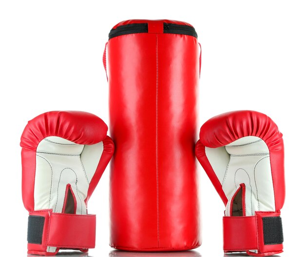 Boxing gloves and punching bag isolated on white