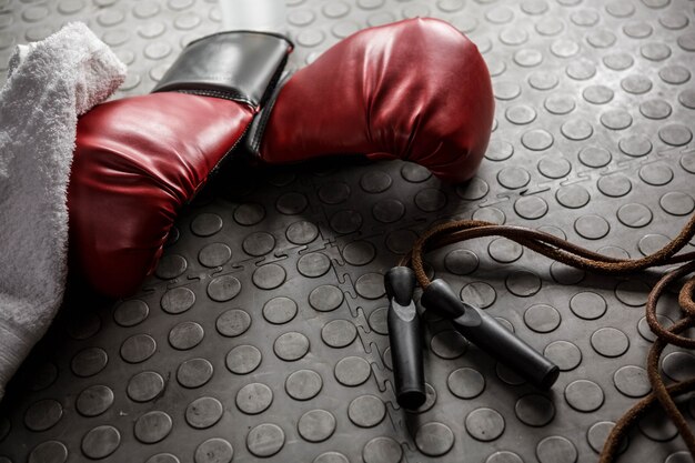 Boxing gloves and rope at the crossfit gym