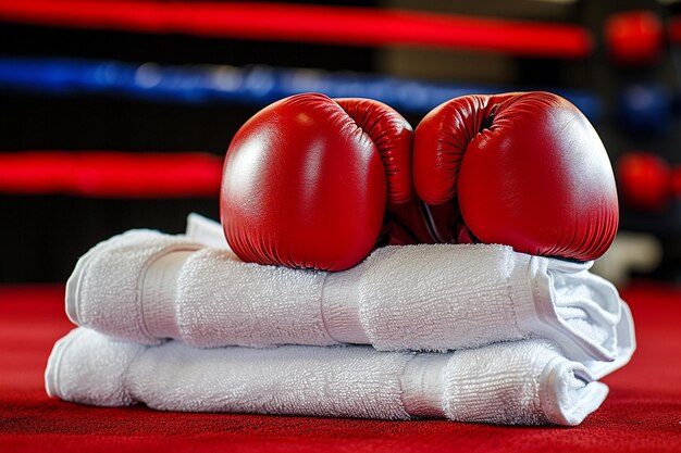 Foto guanti da boxe e un asciugamano nel ring di boxe