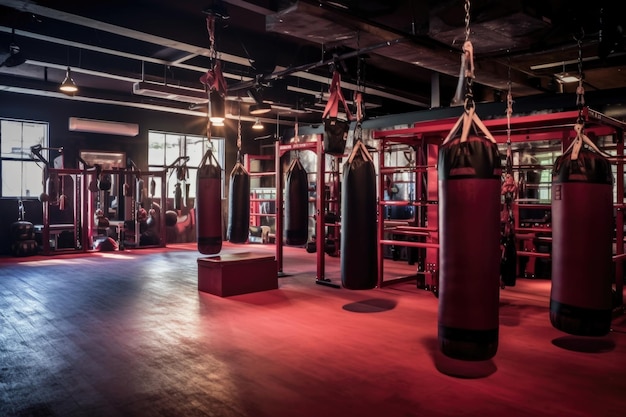 Boxing gym interior with heavy bags and speed bags created with generative ai