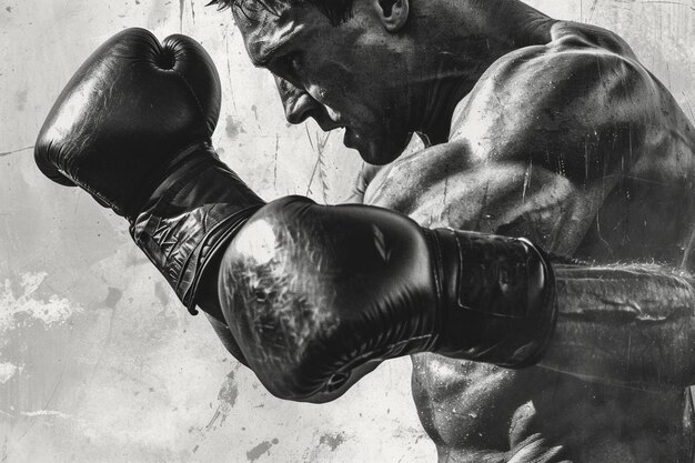 Photo boxing monochrome worn print with fighter punching bag ring and gloves