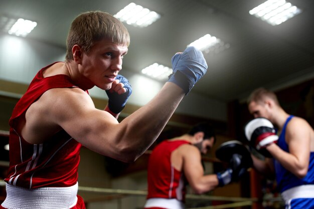 Boxing. Portrait of a boxer on the background of the gym