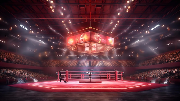 boxing ring in a dark arena with red lights