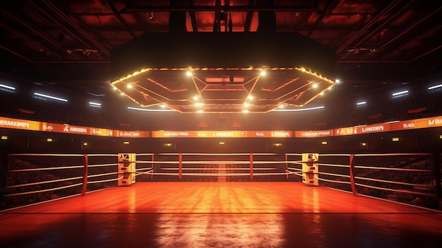 boxing ring in a dark arena with red lights