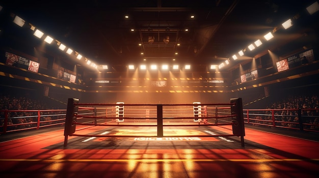 Photo boxing ring in a dark arena with red lights