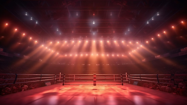 Photo boxing ring in a dark arena with red lights