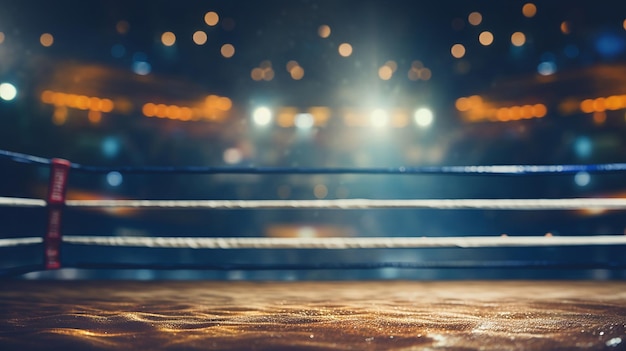 Boxing ring focused on the ropes with a bokeh of stadium lights conveying anticipation