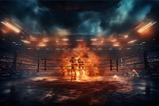 A boxing ring with a burning fire in the center