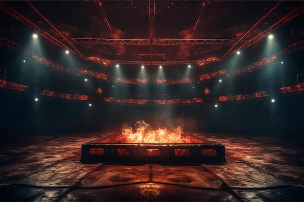 A boxing ring with a burning fire in the center