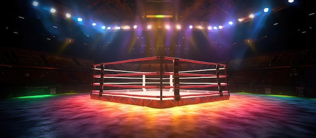 Photo boxing ring with colorful lights shining from above