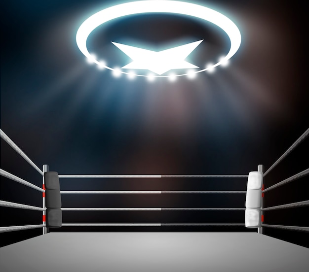 Photo boxing ring with illumination by spotlights.