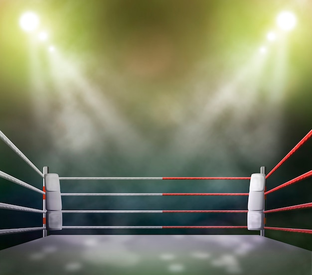 boxing ring with illumination by spotlights.