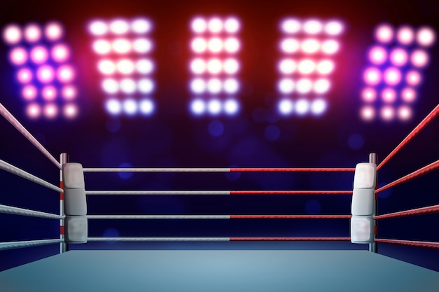 Boxing ring with illumination by spotlights. 