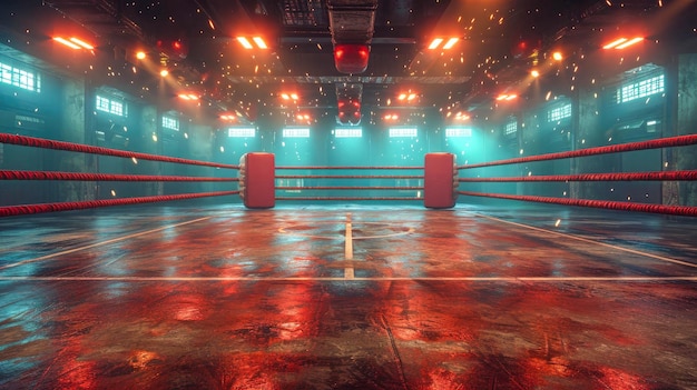 Boxing ring with red ropes in a dark room stadium