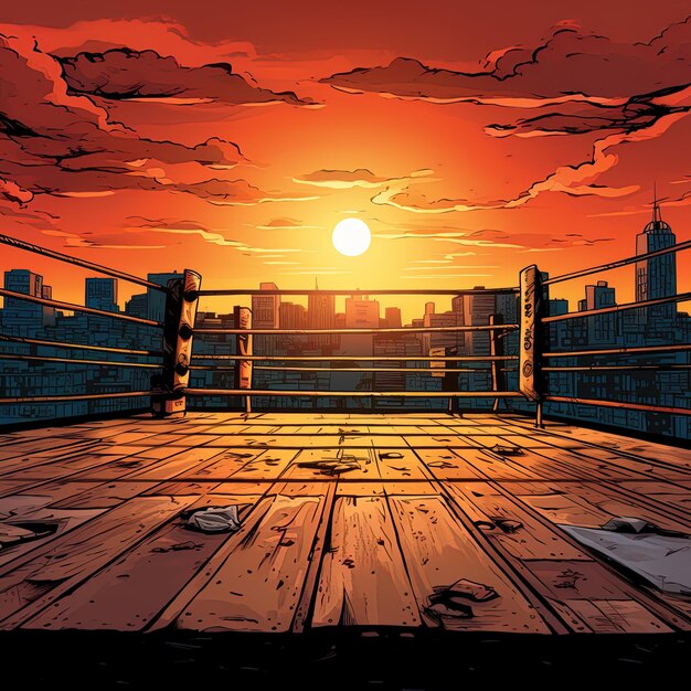 Photo a boxing ring with a sunset in the background