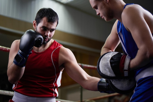 Boxing. Two guys boxer train in the gym