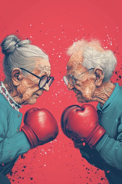 Photo boxing between two retired elderly people fighting for victory business rivals illustration