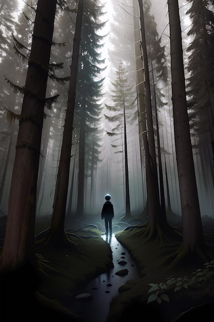 a boy alone in a mysterious forest