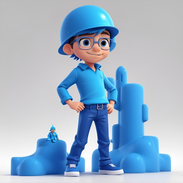 사진 소년 건축가 3d 만화 파란색 배경
