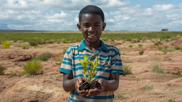 Boy are stand holding seedlings are in dry land in a warming world