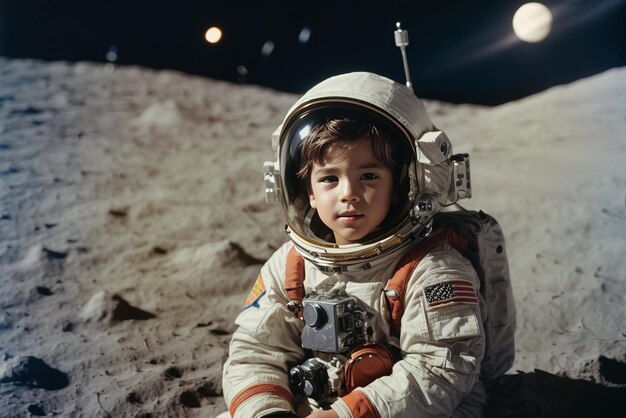 A boy as an astronaut sitting on moon