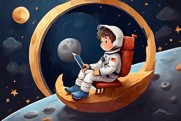 A boy as an astronaut sitting on moon