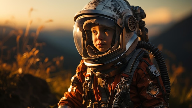 Boy in astronaut costume looking up at sunset