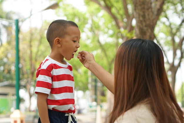 The boy ate ice cream that his mother gave him