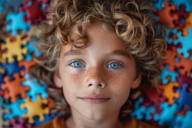 Foto un ragazzo sullo sfondo di un puzzle colorato giorno del riconoscimento dell'autismo l'arte di studiare l'autismo