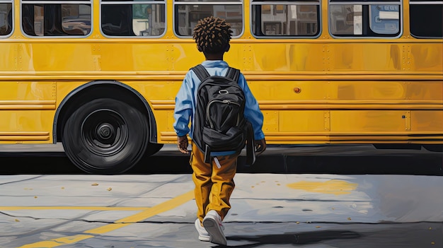 Boy in a backpack goes to the school bus generative ai