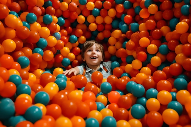 A boy in a ball pit with orange balls