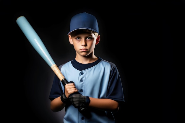 A boy in a baseball uniform holding a bat