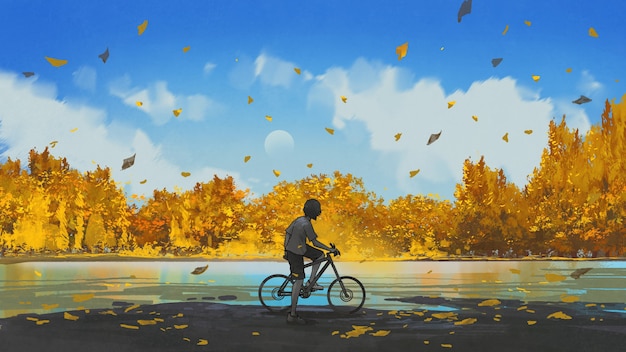 boy on a bicycle looking at the autumn view, digital art style, illustration painting