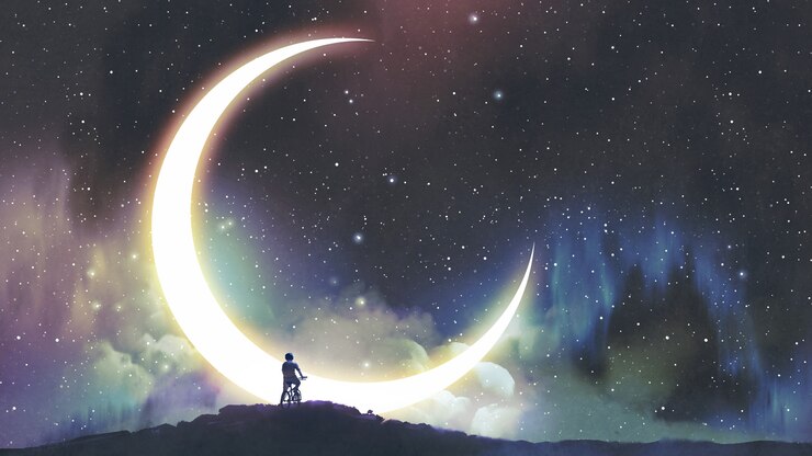 Photo 美しい夜空、デジタルアートスタイル、イラスト絵画で三日月を見ている自転車の少年