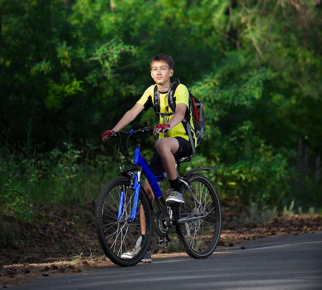 Boy on a bicycle traveling in the forest