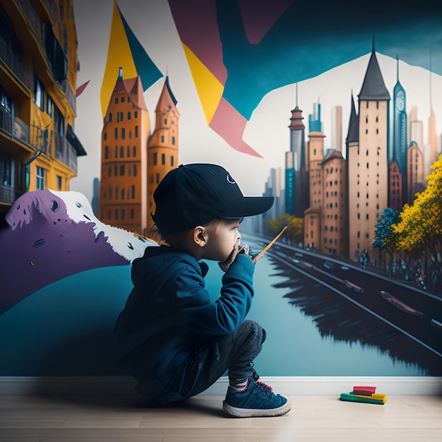 A boy in a black hat sits on the floor in front of a mural of a city.