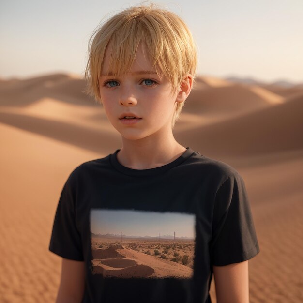 a boy in a black shirt stands in the desert