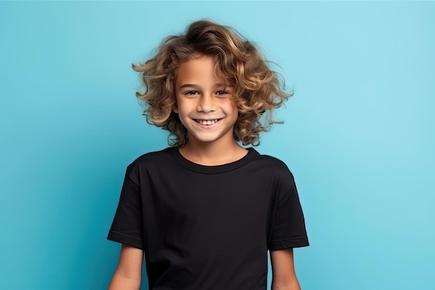 Boy in black tshirt on blue background Tshirt mockup