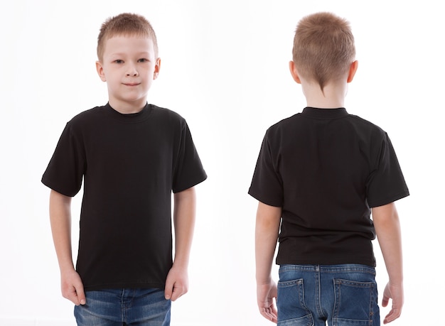 Boy in blank black t-shirt front and rear isolated.