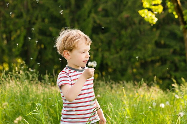 Boy blowing dandelion seeds