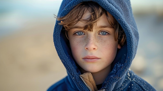 A boy in a blue hoodie against a backdrop of sandy beach